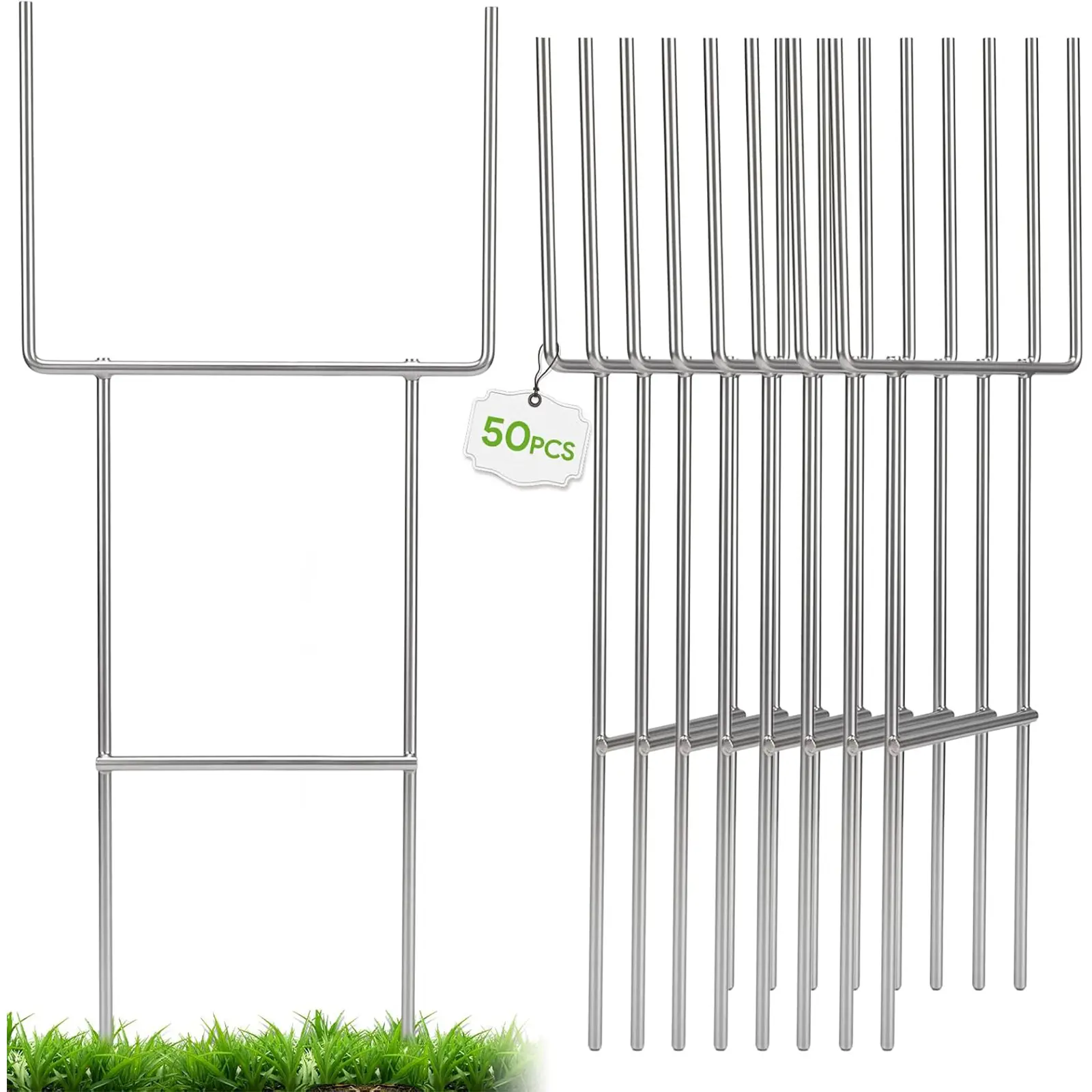 Galvanized Steel Heavy Duty Yard Sign Stakes, 30-in Goalpost H Stakes, American Made, Overlap Weld for Maximum Strength, Plastic Signs Compatible 50-Pack Bundle