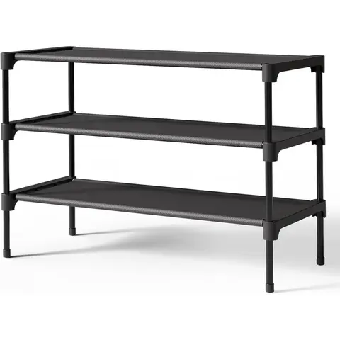 New Deal - Shoe Rack - Premium Non-Woven Shoe Rack Shelf, Shoe Organizer for Closet, Entryway, Garage & Corridor, Sturdy & Durable Long Stackable Shoe Shelves, Medium, Black