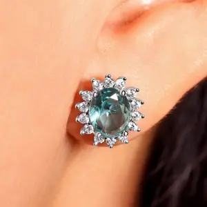 Sterling Silver Light Blue Circle Gemstone with Crystal Sunburst Stud