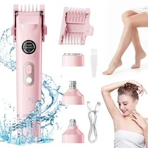 Bikini Trimmer Electric Razors for Women, Ceramic Blade Body Hair Trimmer, IPX7 Waterproof Wet & Dry Use, 4 in 1 Lady Shaver Nose Hair Trimmer, Rechargeable Personal Groomer for Legs & Pubic Hair, Gifts for Women