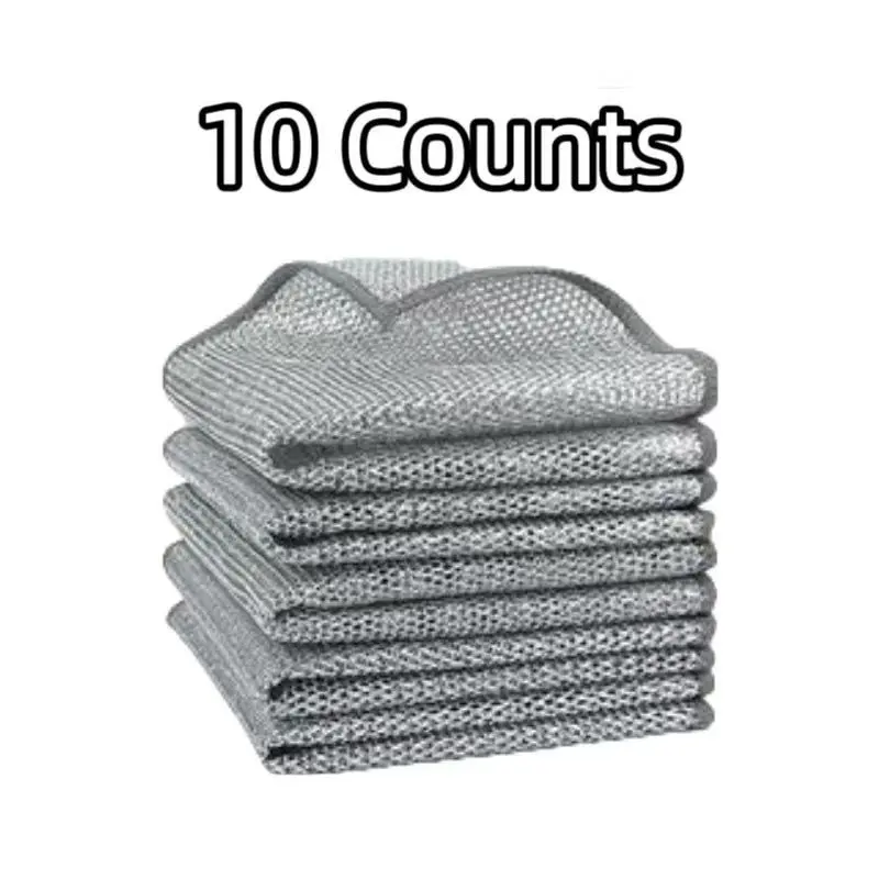 10 PCS Heavy-Duty Reusable Double-Layer Non-Scratch Steel Wire Cleaning Cloths - Quick-Dry, Odor-Free Multipurpose Options for Daily All-Seasons Kitchen Cookware, Dish Cloths & Dish Towels
