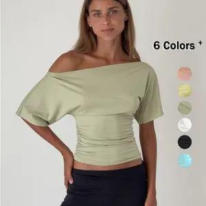 2026 Summer Ruched T-Shirt for Women Off-Shoulder Slim Fit Club Party Sexy Short Sleeve Solid Top Y2K Fashion Womenswear