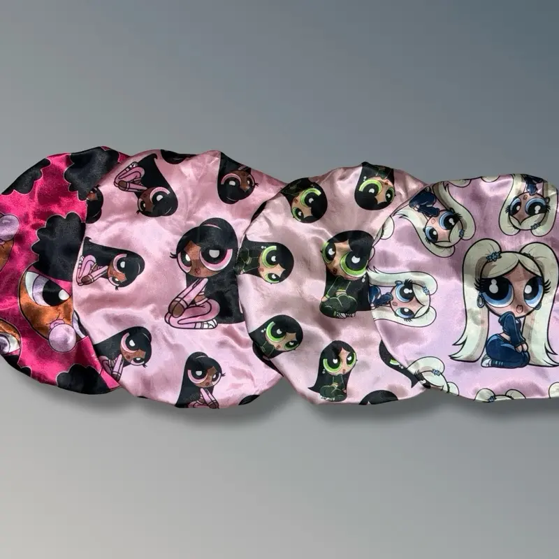 Regular Size Reversible Double-Layered Satin Lined Bonnet  Colorful Bow-Tie Satin Lined Elastic Band | Bow-Tie and Stretch Bonnet powerpuff girls