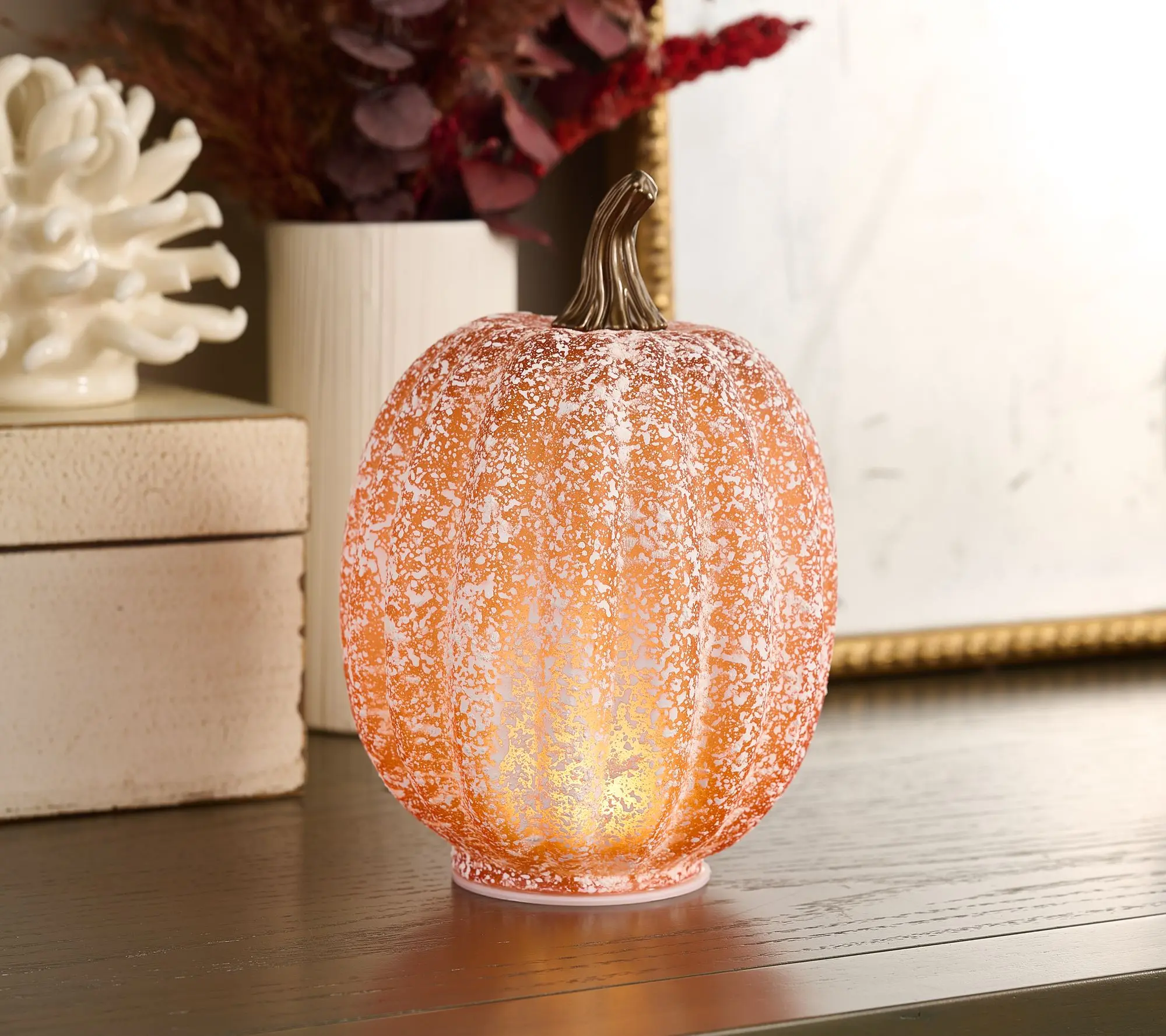 8" Illuminated Frosted Glass Pumpkin by Kim Gravel 8" Illuminated Frosted Glass Pumpkin by Kim Gravel