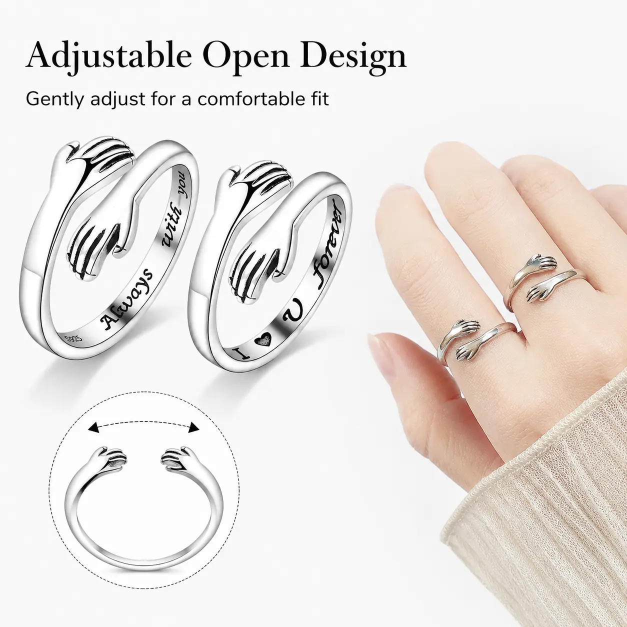 Always Forever Engraved Open Hug Rings 2 Pack, Unisex Adjustable Promise Wedding Bands, Ideal Couple & Friendship Gift for Women Men