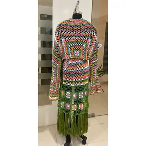Long Crochet Maxi Duster | Mulit-Color Green