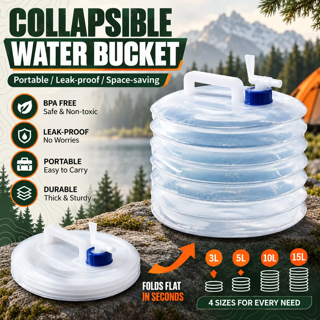 Collapsible Water Container with Faucet, BPA-Free Leakproof Foldable Water Storage Jug with Carry Handle for Camping, Travel, Emergency and Home, 3L/5L/10L/15L