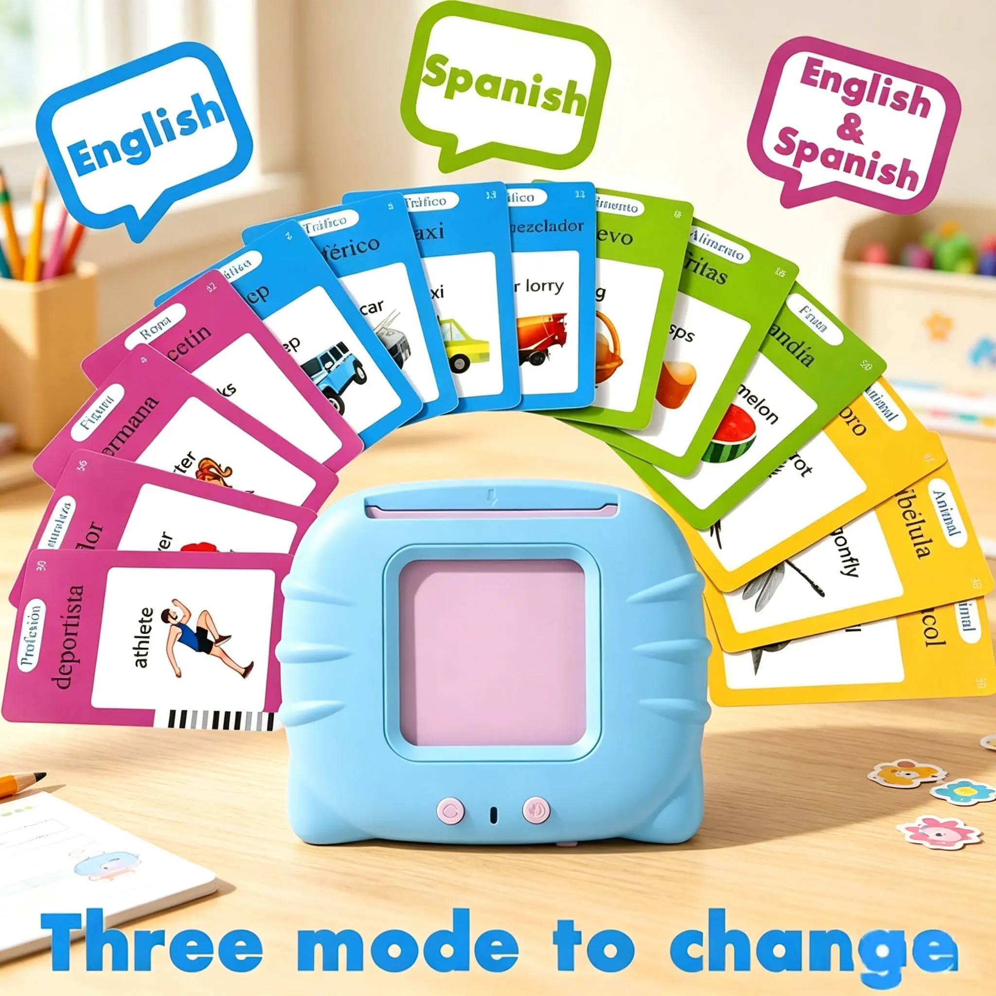 Talking Flash Cards Reader, English & Spanish Bilingual Learning Device with Sight Words Flashcards, Interactive Language Education Toy for Early Education