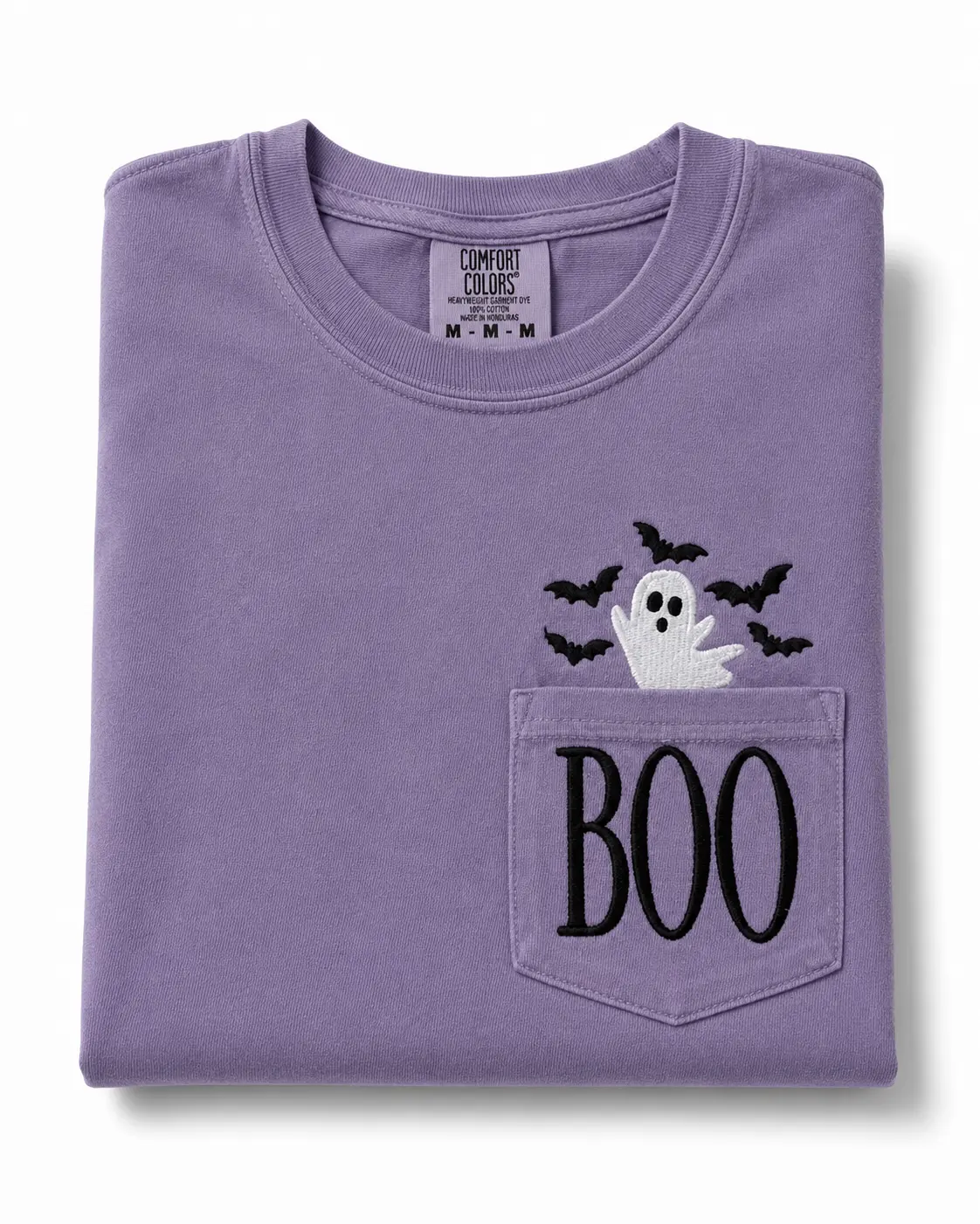 Women's Halloween T-Shirt, Ghost Motif, Pocket Print, Round Neck, Boo Themed Casual Top, Casual Wear, Halloween Print, Pocket Detail, Comfy, Printed
