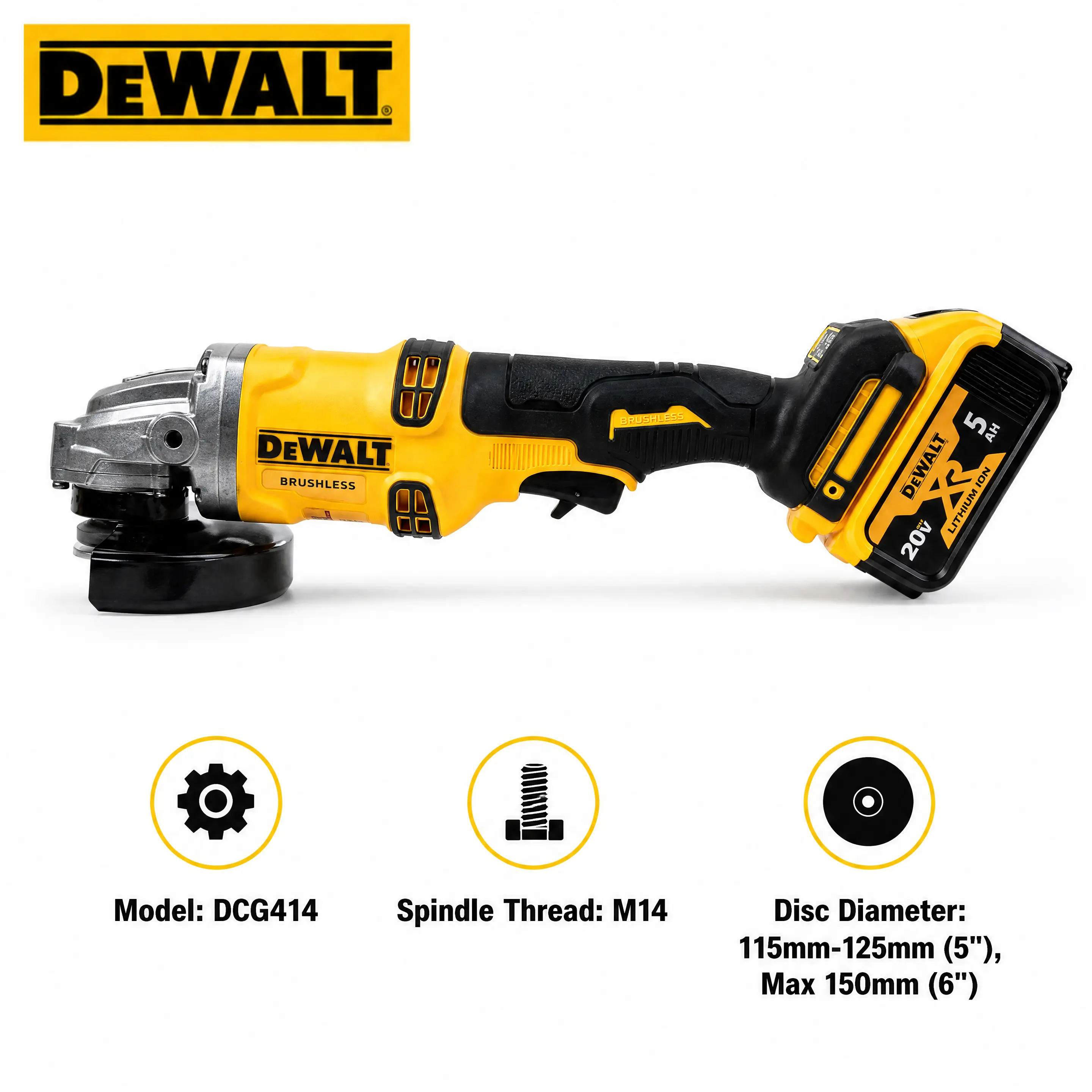DEWALT DCG414 Brushless Angle Grinder, 20V / 60V Flexvolt Power Tool For Metal Workers, Welders And Fabricators, 9000 RPM, M14 Spindle, Electronic Brake & E-Clutch Safety For Cutting, Grinding And Surface Finishing Tasks