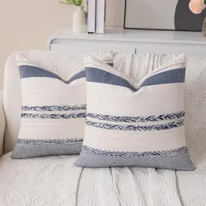 Decorative Boho Navy Blue Striped Pillow Covers Set of 2-18x18 Inch Farmhouse Accent Boho Throw Pillows Neutral Coastal Textured Square Pillowcase for Couch Living Room Bed Sofa,  Decor
