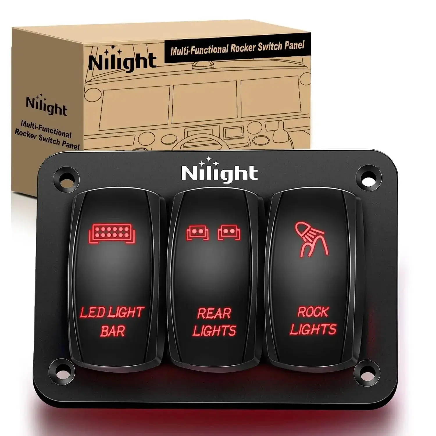 Nilight 3-Gang 5-Pin Plastic Rocker Switch Panel with LED Backlight, On/Off Control, Included Screws, Easy Disconnection, Fits 2-Gang Panels, Compatible with Cars, SUVs, Motorcycles, ATVs, Polaris RZRs, Red, Motorcycle