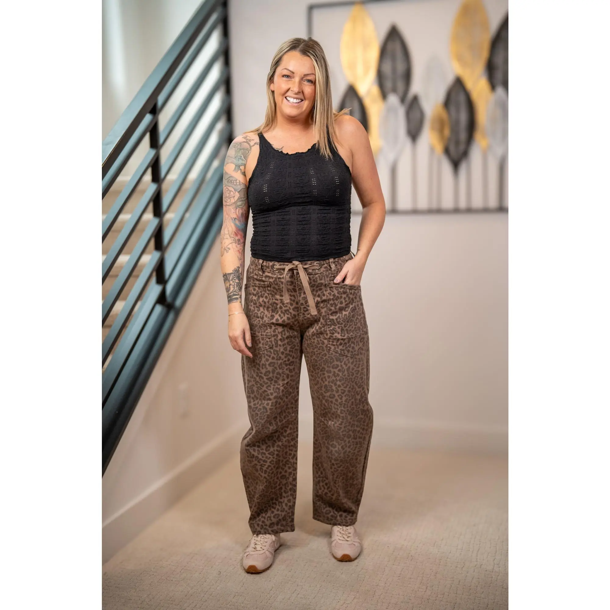 Risen Leopard Print Barrel Drawstring Pants (Plus Available)