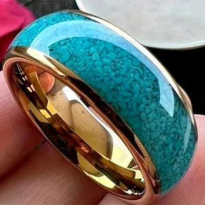 Fashionable and Luxurious 8mm Golden Stainless Steel Wedding Ring for Men & Women - Imitation Turquoise Inlaid Dome Ring, Ideal Holiday Jewelry Gift