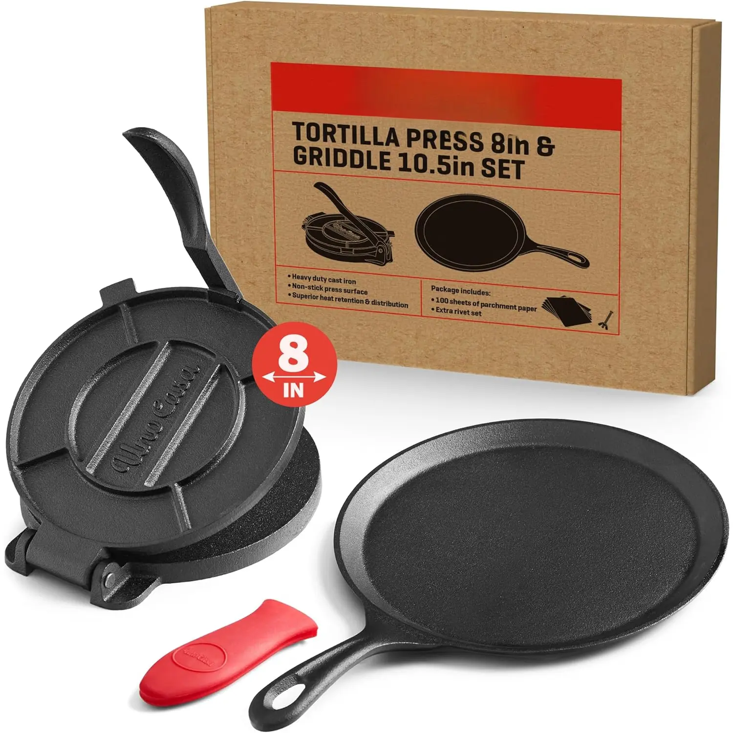 Cast Iron Tortilla Press 8 Inch with Cast Iron Comal Pan - Bundle of Cast Iron Tortilla Skillet for Roti, Tawa, Dosa, and Pataconera - Pre-Seasoned Heavy Duty Cookware for Authentic Cooking