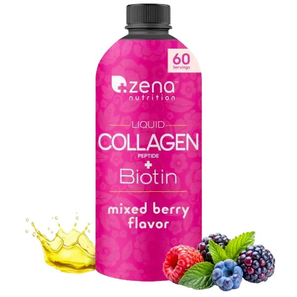 Zena Nutrition Liquid Collagen + Biotin – 60 Servings | 2500mg Verisol Bioactive Collagen Peptides + 5000mcg Biotin | Hair, Skin & Nail Support for Women & Men | Mixed Berry | Zero Sugar
