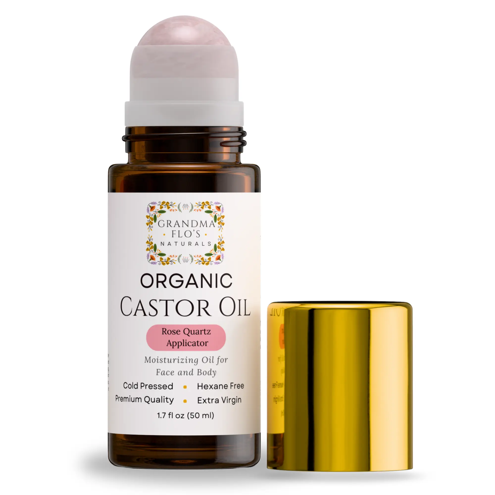 Grandma Flo's Naturals Organic Castor Oil with Rose Quartz 50ml Roller Calming Facial Nourishing Hydrating Deep Hydration Mess-Free Application