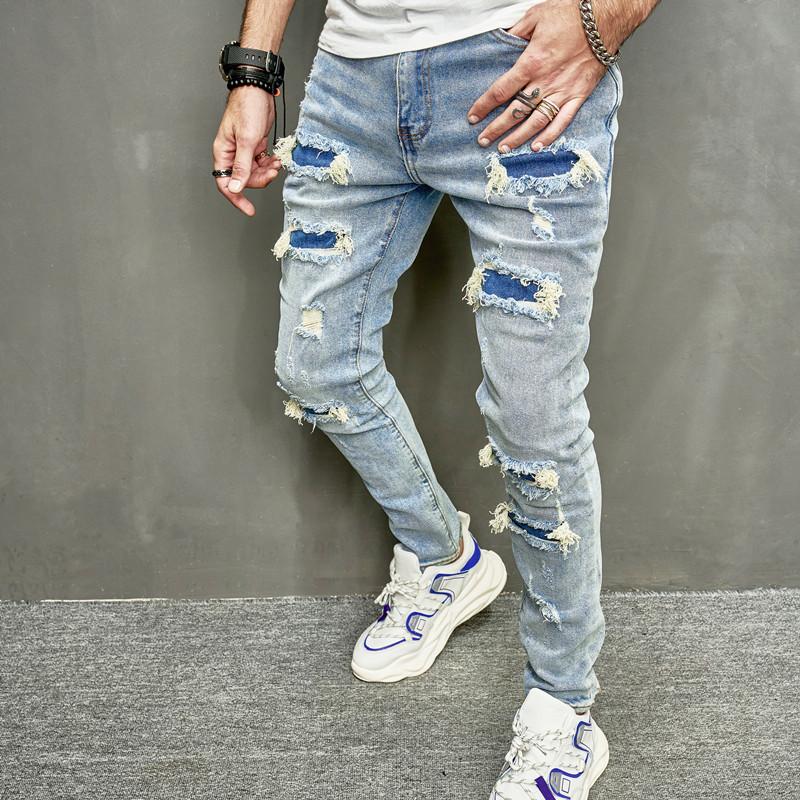 New Men's  Jeans patched denim Pants Spring Streetwear Hip Hop Slim Male Stylish Ripped Solid Casual Denim Holes SkinnyTrousers Menswear Underwear Human Pocket Motocross Beige Plain