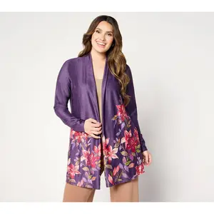 Susan Graver Petite Printed Faux Suede Open Front Duster
