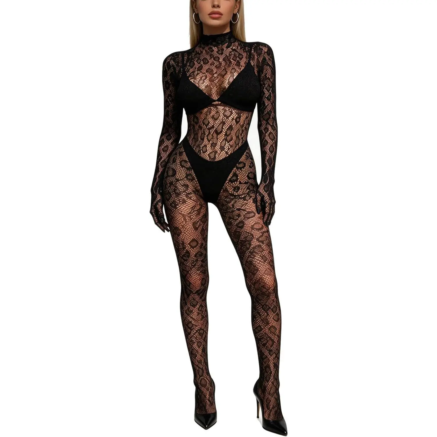 New Women's Fishnet Bodysuit Leopard Lingerie Bodystocking See Through Mesh Jumpsuit with Long Sleeve Design for Rave