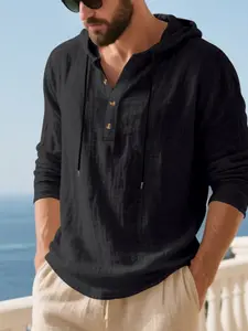 Men's Breathable Loose Linen Hoodie Long Sleeve Beach Henley T-Shirt for Fall, Lightweight Casual Wear for Comfortable Outdoor Style