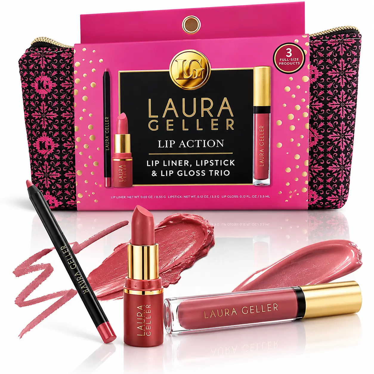 Laura Geller Lip Action 3-Piece Lip Makeup Set – Lip Liner, Creamy Lipstick & High-Shine Lip Gloss Trio, Flattering Pink Shade, 3 Full-Size Products with Makeup Bag