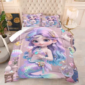 Little Mermaid Pattern Quilt Set,Including 1 Quilt and 1 or 2 Pillowcases without Pillows,Suitable as a Gift for Girls,Soft Bedroom Decoration for Children and Teenagers