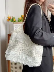 White Lace Ruffle Tote Bag, Large Capacity Shoulder Bag, French Style Hollow Woven Handbag for Women, Casual Commute & Vacation Tote