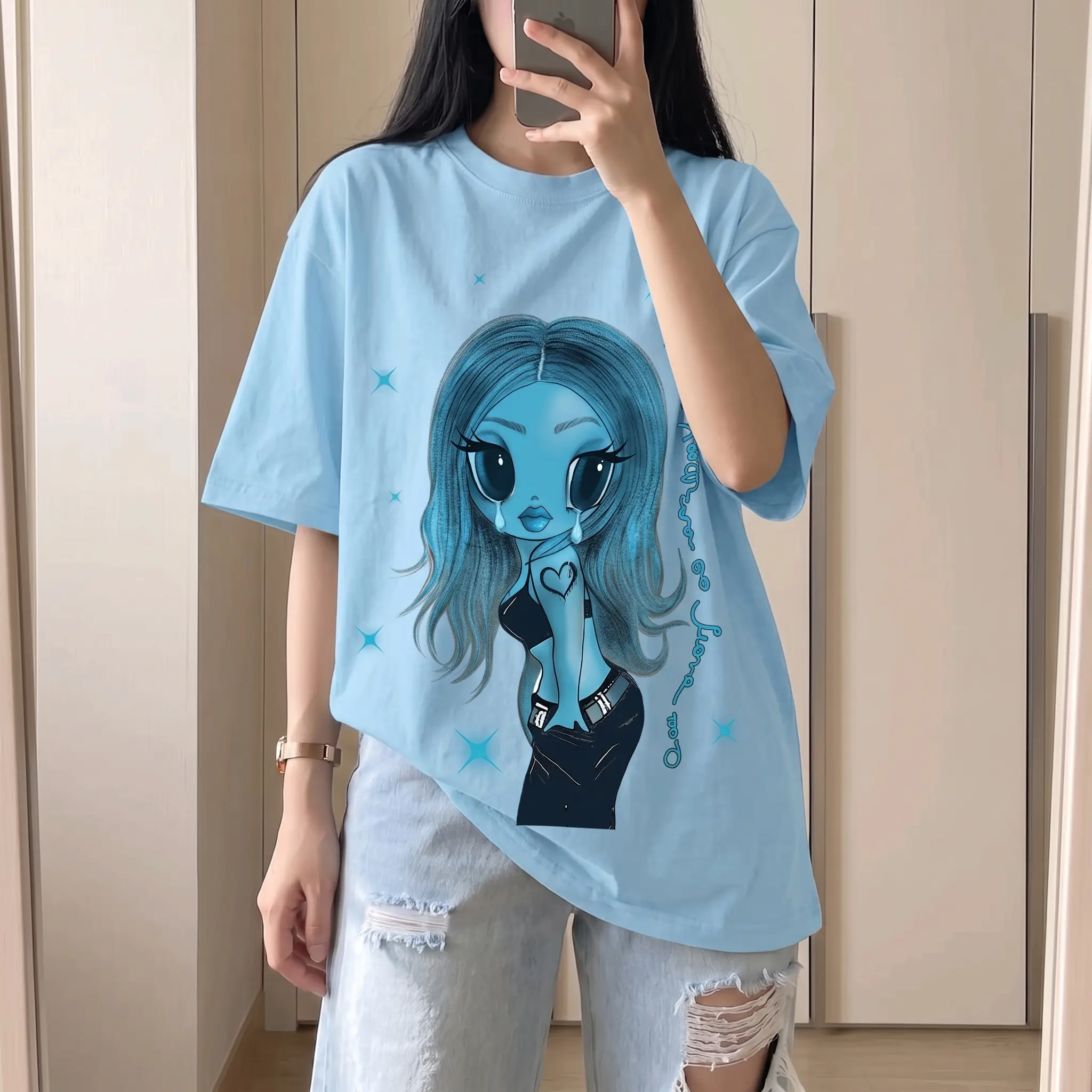 Latin Pop Girl Graphic Oversized T-Shirt, Y2K Music Aesthetic Tee, Concert Style Vintage Shirt, Cute Blue Doll Graphic Top