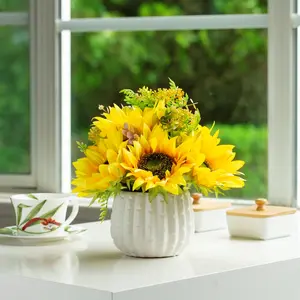 Enova Floral Artificial Silk Sunflower Floral Arrangements in Ceramic Pot, Table Centerpieces for Dining Room