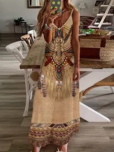 Women's Ethnic Pattern Cami Dress, Boho Bohemian Casual Sleeveless Spaghetti Strap Dress for Beach Holiday Vacation, Ladies Clothes for All Seasons
