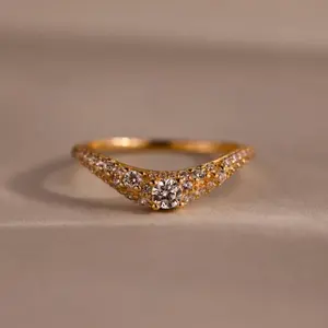 Pave Diamond Curve Ring by Caitlyn Minimalist - Curved Diamond Chevron Band in 18K Gold Finish - Dainty Wave Promise Ring - Art Deco Jewelry - Anniversary Gift for Her