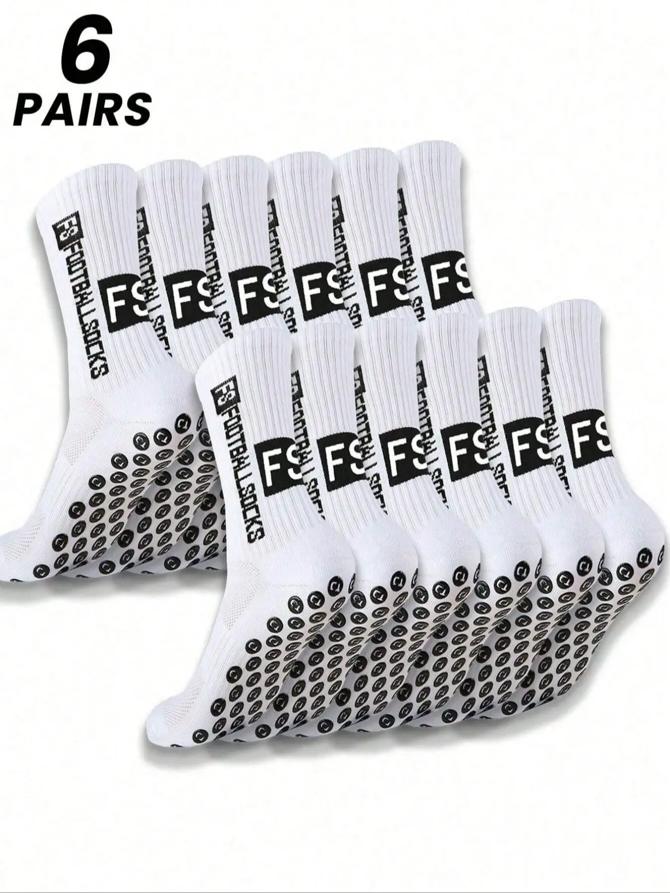 1/3/6 Pair of Men's Mid-Calf Soccer Socks, Breathable Sports Socks, White and Black with “FS” Lettering, Color-Block Design + Silicone Grips, Mesh Ventilation Panels, Moisture-Wicking and Breathable, Athletic Style