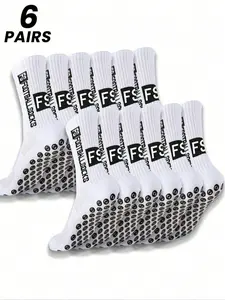 1/6 Pair of Men's Mid-Calf Soccer Socks: White and Black with “FS” Lettering, Color-Block Design + Silicone Grips, Mesh Ventilation Panels, Moisture-Wicking and Breathable, Hardcore Athletic Style, Ready for the Field