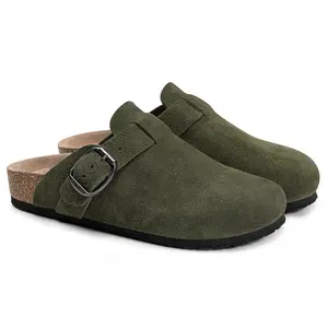 Men’s Adjustable Buckle Potato Shoes, Suede Clogs, Mens Leather Mules Cork Footbed Sandals