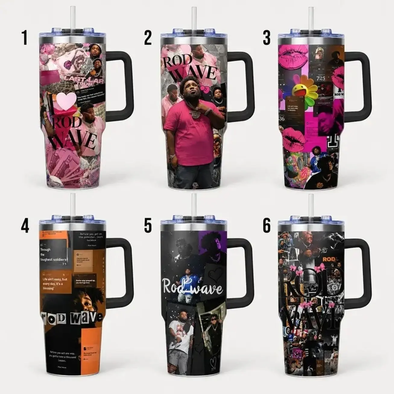 Rod Wave 40oz Tumbler, Don't Look Down Tour 2026 Inspired Travel Cup, Pink Black Collage Straw Tumbler, Hip Hop Fan Gift, Music Lover Cup for Teens