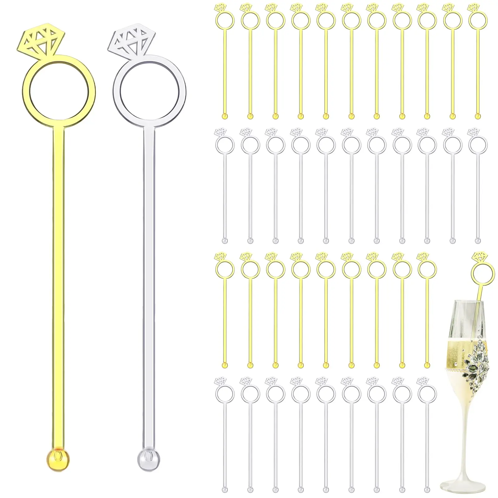 30 6 Inch Ring Coffee Stirrers Reusable Cocktail Wedding Drink Golden Plastic Beverage Swizzle Stick For Party Festival(golden  Silver)