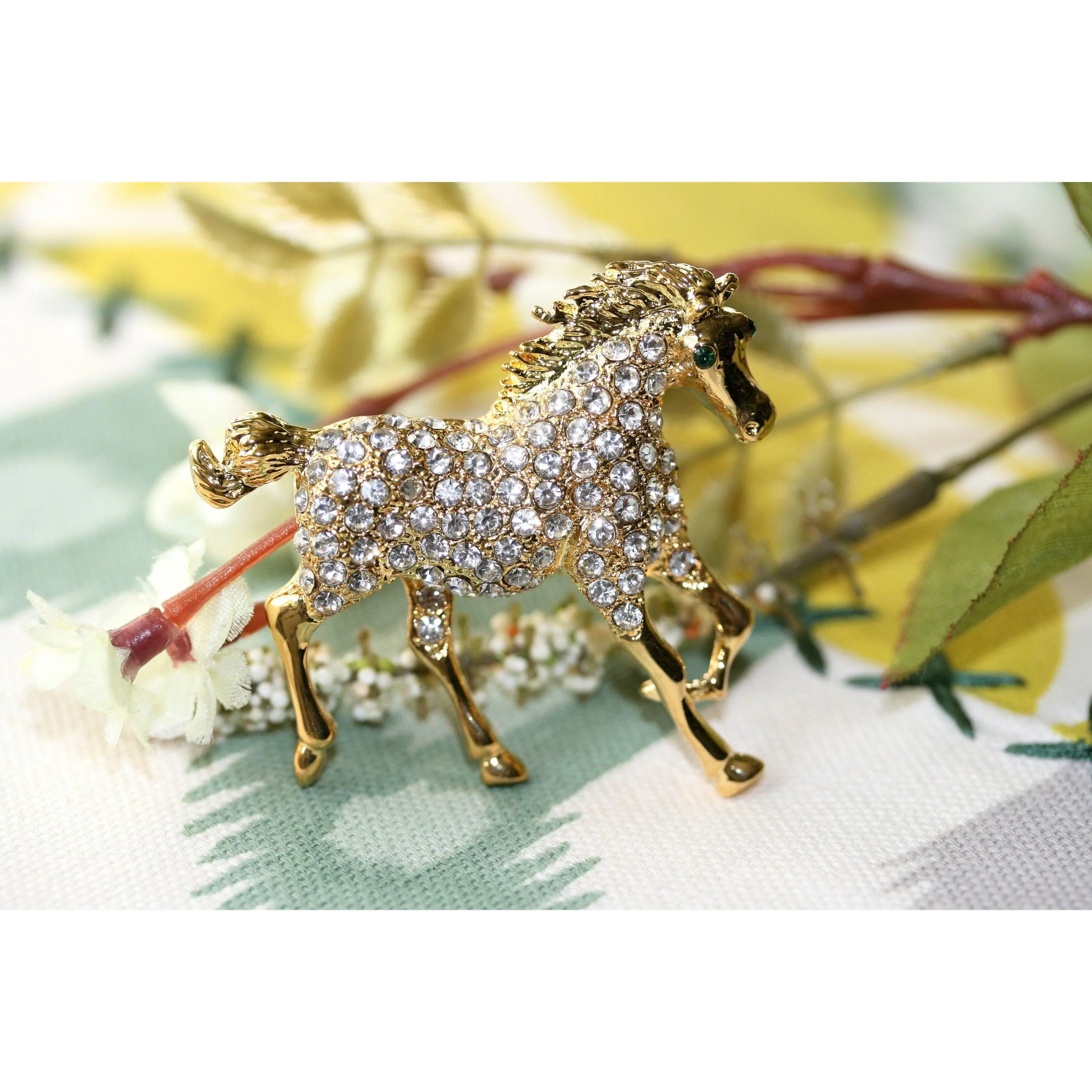 Luxury Crystal 2-Tone Gold Galloping Horse Brooch with Rhinestones - 2"w x 1.75"h Animal Fashion Jewellery for Clothes Collar Decoration, Gifting, Two-Tone