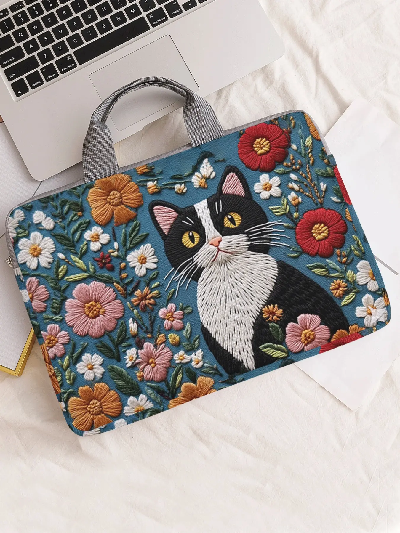 Cat Pattern Printed Notebook Bag, Soft Laptop Sleeve, Tablet Case, Zipper Storage Pouch, Casual Style, All Seasons
