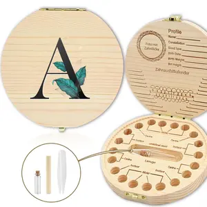 1 Count Wooden Baby Tooth Box, Kids Milk Teeth Organizer with Bottle & Tweezer, Newborn Memory Box, A-Z Letter & Leaf Pattern, Ideal Gift for New Parents & Baby Shower, Nursery Room Decor, Decoration Items