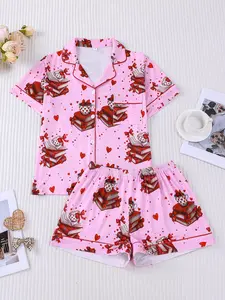2pcs Valentine's Day Pajama Set for Women, Heart & Book Print, Notched Collar Button-Up Top with Pocket & Elastic Waist Shorts, Soft Milk Silk Sleepwear Loungewear Pjs for Home and Sleep