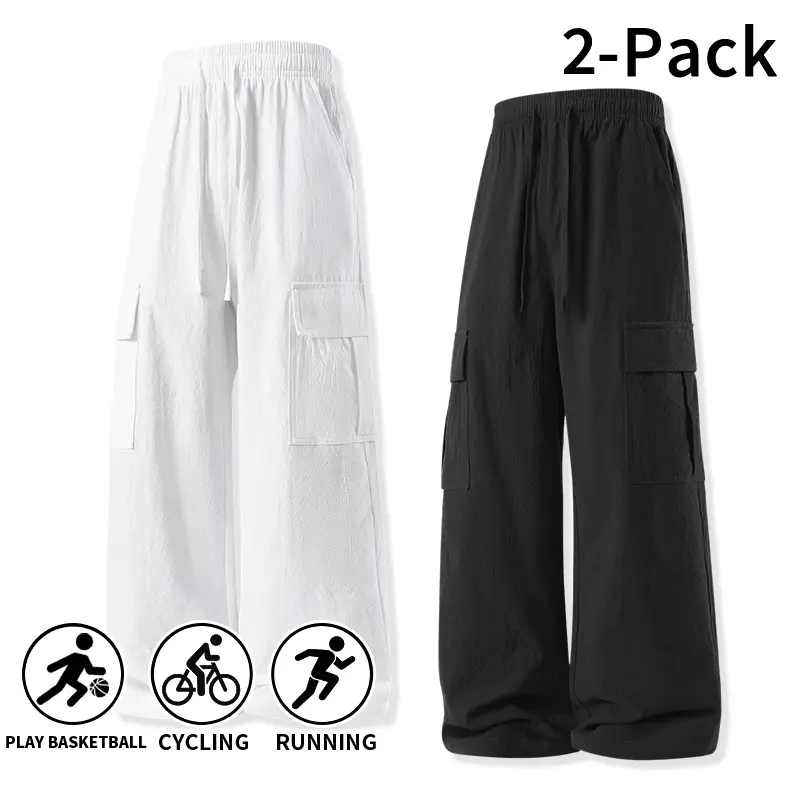 2-Pack lightweight ice-feel crinkled cargo wide-leg athletic pants; high-waisted drawstring multi-pocket straight-leg floor-length casual trousers; unisex breathable quick-dry loose paratrooper pants; versatile cargo pants with American street retro high-