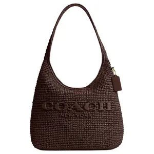 COACH Brooklyn 34 Magnetic Closure Straw-Trimmed Leather Shoulder Bag in Medium Size for Women, Dark Brown