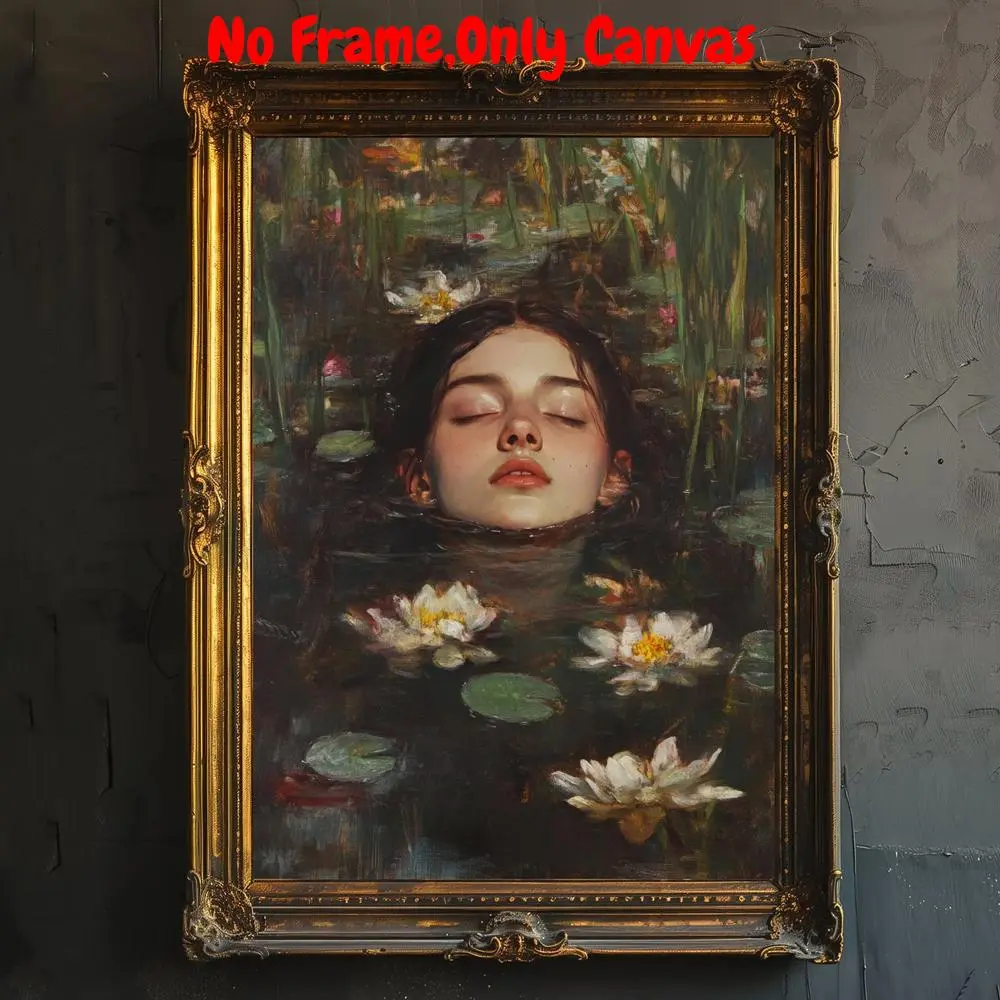 Vintage Ophelia Dark Academy Print, Victorian Art Gothic Decor, Antique Oil Painting, Canvas Prints, Dark Academy Poster, Rustic Vintage Wall Art, Above Bed Wall Decor, Unframed, Ornaments