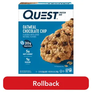 Quest Protein Bar, Oatmeal Chocolate Chip, 20g Protein, Gluten Free, 4 Count