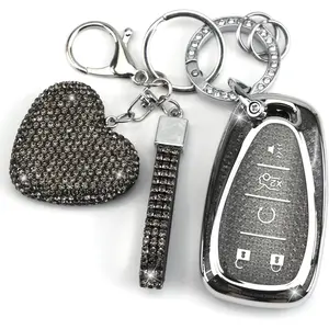 New Upgrade Key Fob Cover with Diamond Keychain for Women Car Key Holder Compatible with Chevrolet Equinox Malibu Cruze Traverse Camaro Trax Blazer Volt Bolt Protector, 5 Buttons (Black-Heart)