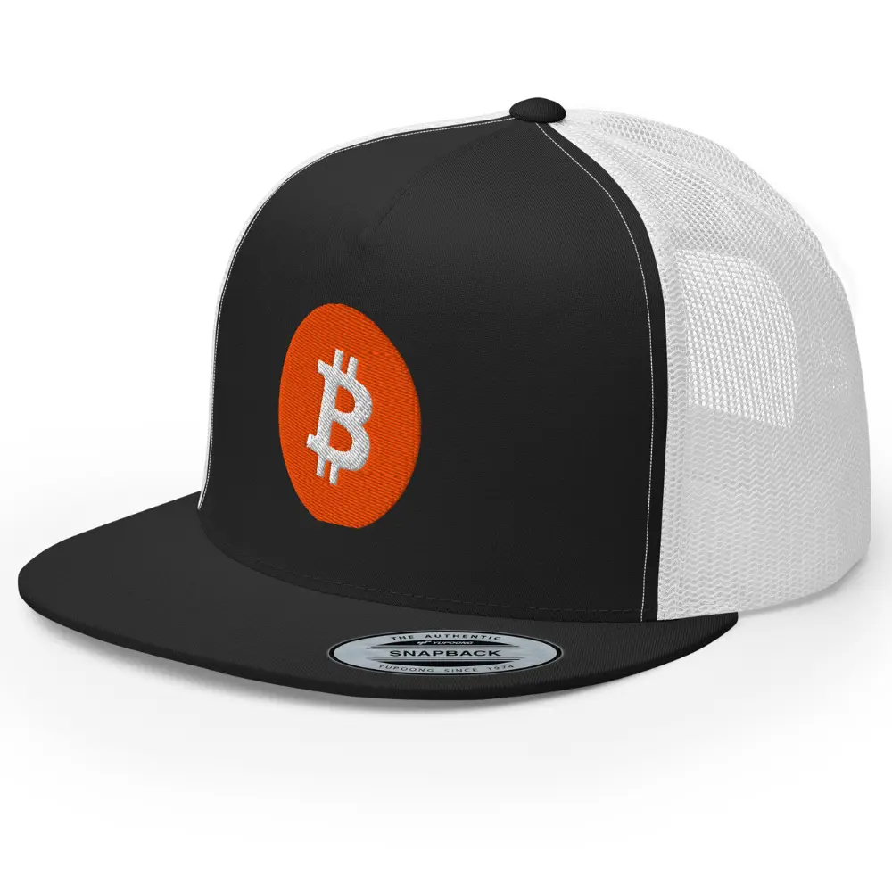 RIVEMUG NX Bitcoin Logo Embroidered Flat Bill Trucker Hat High Crown Snapback BTC Crypto Hat