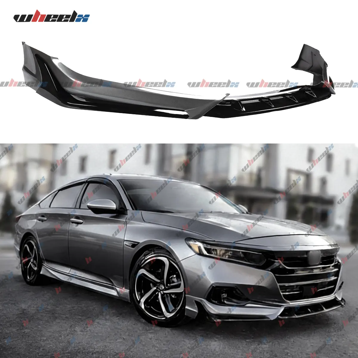 2021-2022 – Honda Accord All Models – 3-Pieces ACR Style Front Bumper Lip Spoiler Kit, with Aerodynamic Design, Modern Steel Metallic (Color Code #NH-797M), Glossy Black Front Bumper Lip Body Kit
