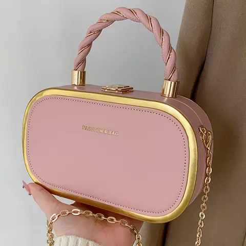 Women's Fashion Buckle Twisted Top Handle Chain Strap Crossbody Bag, Minimalist Letter Detail Metallic Trim Versatile Box Bag, Casual Shoulder Bag, Casual Crossbody Bags