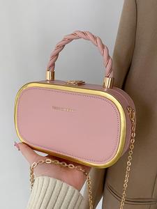 women's fashion buckle twist decor top handle chain strap stylish crossbody bag, simple letter detail metallic trim design all-match box bag, pu leather satchel, unique bags, everyday bags, purse women, unique gifts for women